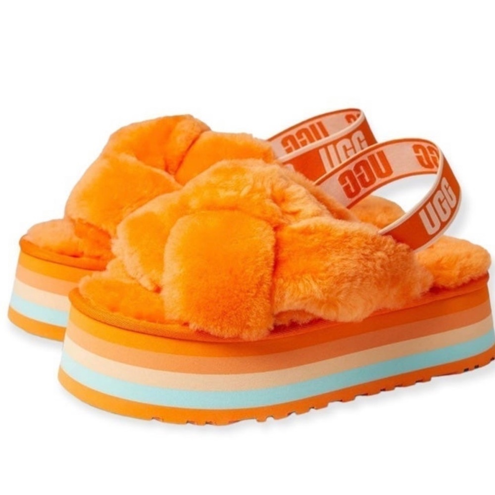 UGG disco platform Mandarin Orange 9 sandal slipper lamb fur